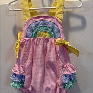 Pink Gingham Rainbow One-Piece Romper with Yellow Straps - Kids